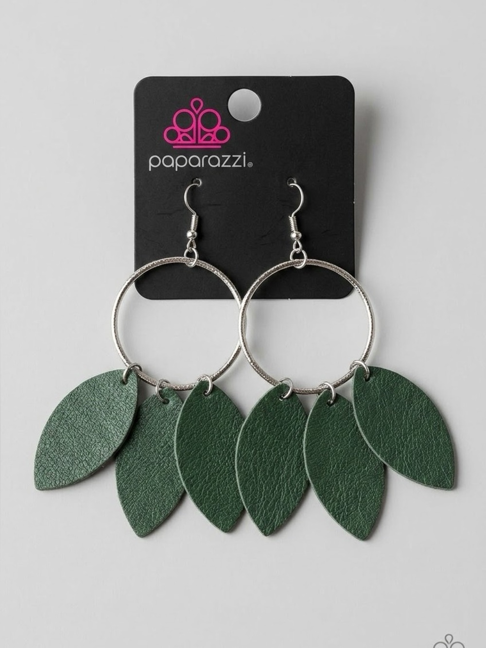 Paparazzi Green Faux Leather Leaf Fringe Silver Hoop Earrings Statement Dangle